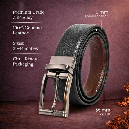 Mens 100% Genuine Leather Belt - LUXORIC Pebble-Grain, TORIX Brushed Bronze Pin Buckle (Black & Brown Reversible) — Leather Belts for Men | THE MEN THING