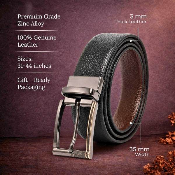 Mens 100% Genuine Leather Belt - LUXORIC Pebble-Grain, TORIX Brushed Bronze Pin Buckle (Black & Brown Reversible)