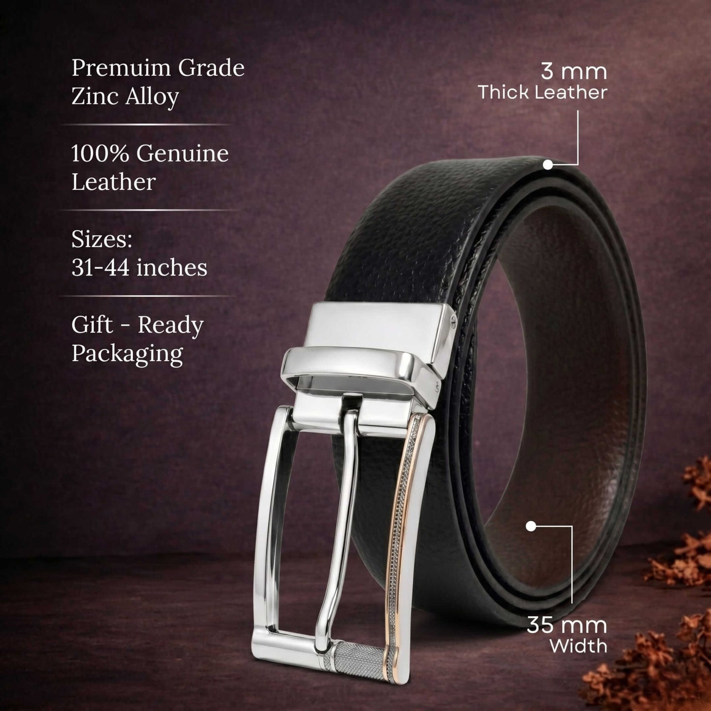 Mens 100% Genuine Leather Belt - LUXORIC Pebble-Grain, DYNARO Mirror Chrome Pin Buckle (Black & Brown Reversible) — Leather Belts for Men | THE MEN THING