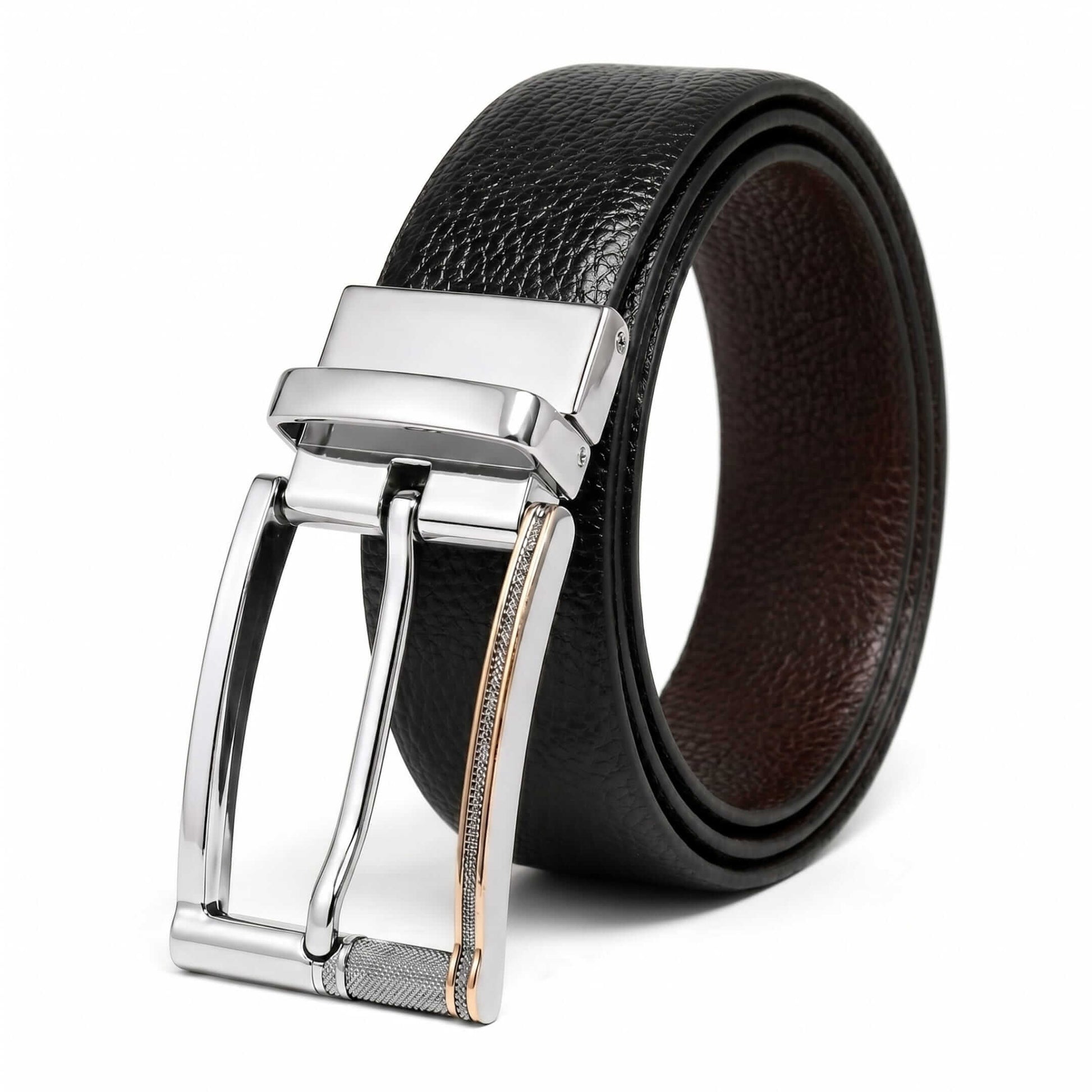 Mens 100% Genuine Leather Belt - LUXORIC Pebble-Grain, DYNARO Mirror Chrome Pin Buckle (Black & Brown Reversible) — Leather Belts for Men | THE MEN THING