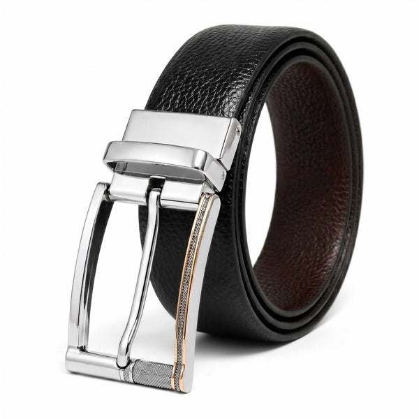 Mens 100% Genuine Leather Belt - LUXORIC Pebble-Grain, DYNARO Mirror Chrome Pin Buckle (Black & Brown Reversible)