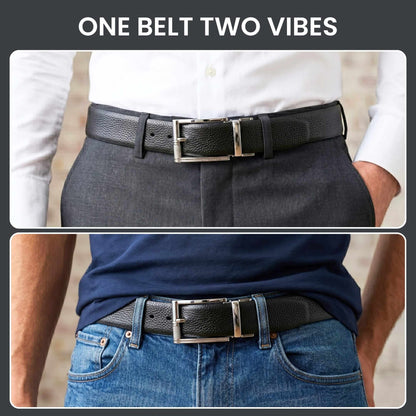 Mens 100% Genuine Leather Belt - LUXORIC Pebble-Grain, DYNARO Mirror Chrome Pin Buckle (Black & Brown Reversible) — Leather Belts for Men | THE MEN THING