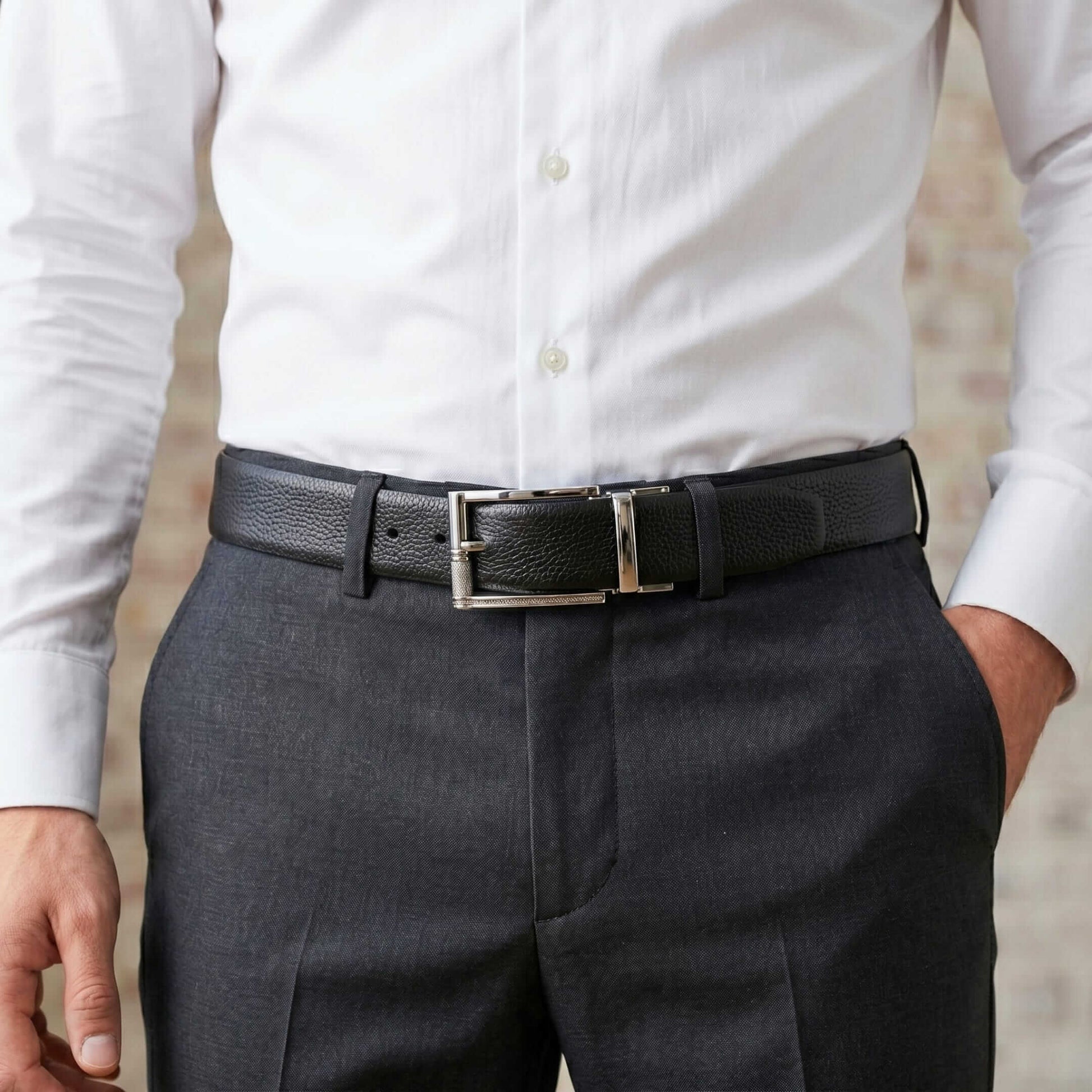 Mens 100% Genuine Leather Belt - LUXORIC Pebble-Grain, DYNARO Mirror Chrome Pin Buckle (Black & Brown Reversible) — Leather Belts for Men | THE MEN THING