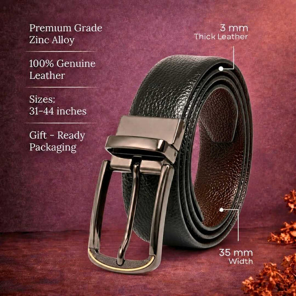 Mens 100% Genuine Leather Belt - LUXORIC Pebble-Grain, ARQON Gold-Trim Gunmetal Pin Buckle (Black & Brown Reversible)