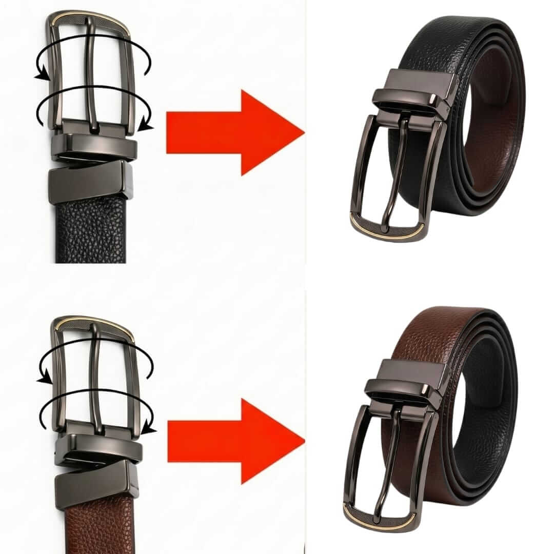 Mens 100% Genuine Leather Belt - LUXORIC Pebble-Grain, ARQON Gold-Trim Gunmetal Pin Buckle (Black & Brown Reversible) — Leather Belts for Men | THE MEN THING