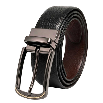 Mens 100% Genuine Leather Belt - LUXORIC Pebble-Grain, ARQON Gold-Trim Gunmetal Pin Buckle (Black & Brown Reversible) — Leather Belts for Men | THE MEN THING
