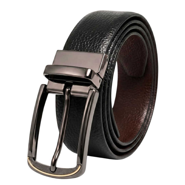 Mens 100% Genuine Leather Belt - LUXORIC Pebble-Grain, ARQON Gold-Trim Gunmetal Pin Buckle (Black & Brown Reversible)