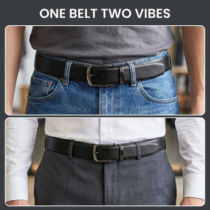Mens 100% Genuine Leather Belt - LUXORIC Pebble-Grain, ARQON Gold-Trim Gunmetal Pin Buckle (Black & Brown Reversible) — Leather Belts for Men | THE MEN THING
