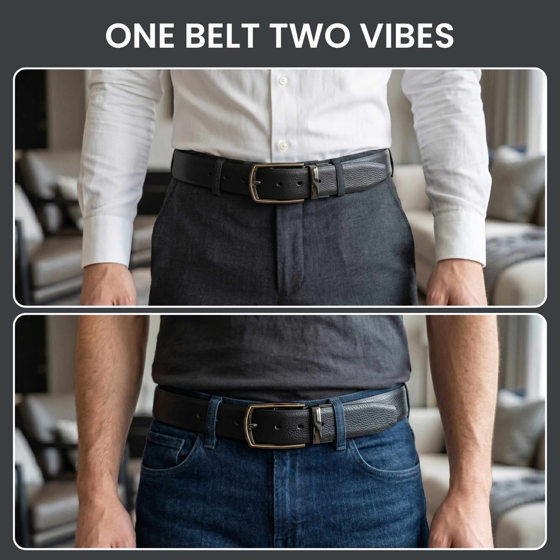 Mens 100% Genuine Leather Belt - LUXORIC Pebble-Grain, MORVEX Matte Gunmetal Pin Buckle (Black & Brown Reversible) — Leather Belts for Men | THE MEN THING