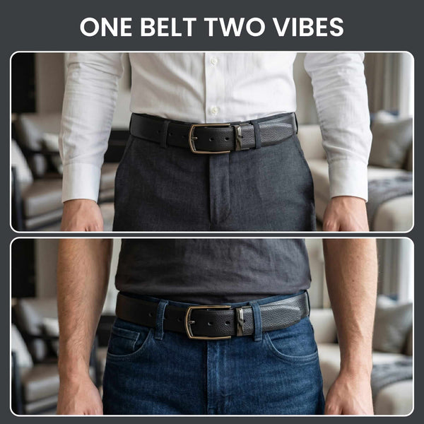 Mens 100% Genuine Leather Belt - LUXORIC Pebble-Grain, MORVEX Matte Gunmetal Pin Buckle (Black & Brown Reversible)