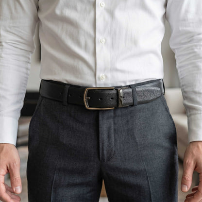 Mens 100% Genuine Leather Belt - LUXORIC Pebble-Grain, MORVEX Matte Gunmetal Pin Buckle (Black & Brown Reversible) — Leather Belts for Men | THE MEN THING