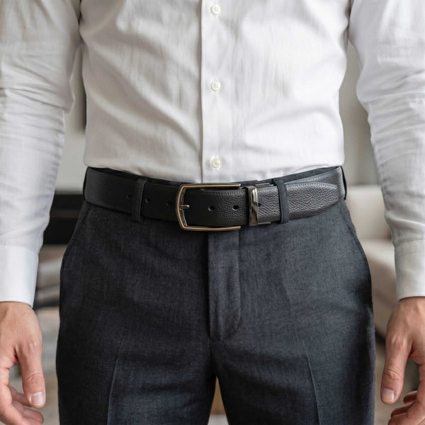 Mens 100% Genuine Leather Belt - LUXORIC Pebble-Grain, MORVEX Matte Gunmetal Pin Buckle (Black & Brown Reversible)