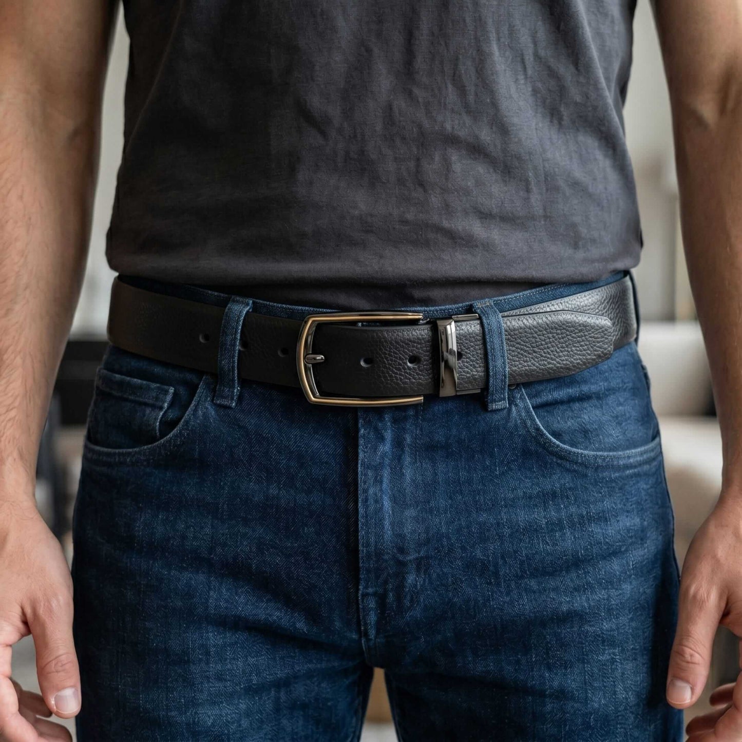 Mens 100% Genuine Leather Belt - LUXORIC Pebble-Grain, MORVEX Matte Gunmetal Pin Buckle (Black & Brown Reversible) — Leather Belts for Men | THE MEN THING