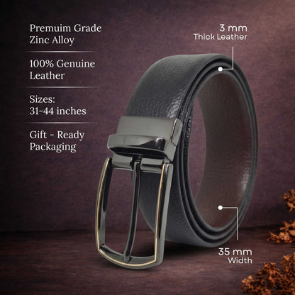 Mens 100% Genuine Leather Belt - LUXORIC Pebble-Grain, MORVEX Matte Gunmetal Pin Buckle (Black & Brown Reversible) — Leather Belts for Men | THE MEN THING