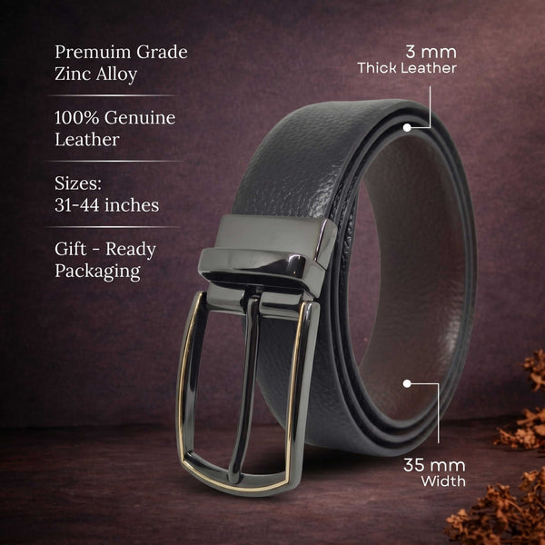 Mens 100% Genuine Leather Belt - LUXORIC Pebble-Grain, MORVEX Matte Gunmetal Pin Buckle (Black & Brown Reversible)