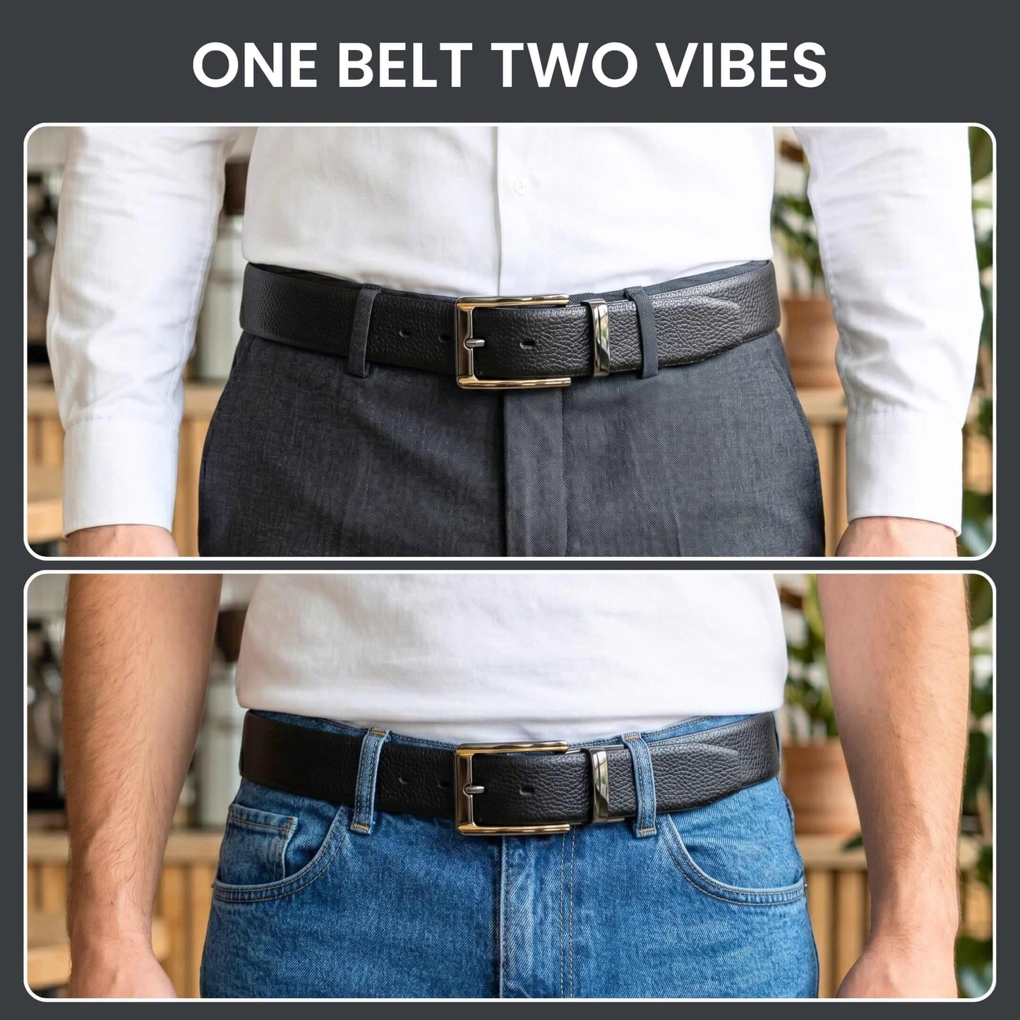 Mens 100% Genuine Leather Belt - LUXORIC Pebble-Grain, TORVIK Gold-Border Gunmetal Pin Buckle (Black & Brown Reversible) — Leather Belts for Men | THE MEN THING