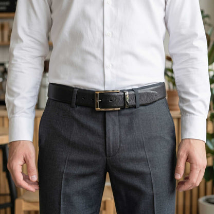 Mens 100% Genuine Leather Belt - LUXORIC Pebble-Grain, TORVIK Gold-Border Gunmetal Pin Buckle (Black & Brown Reversible) — Leather Belts for Men | THE MEN THING