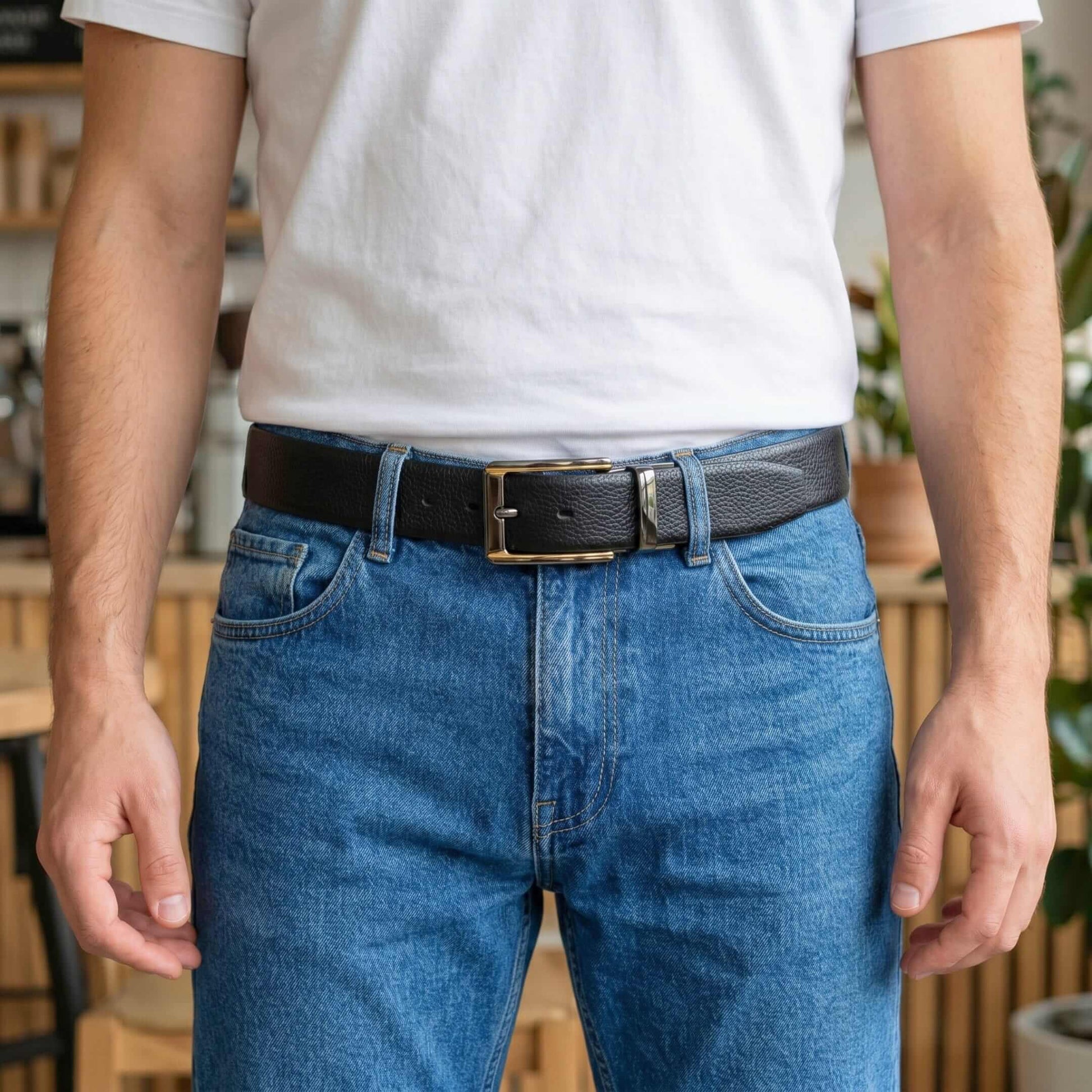 Mens 100% Genuine Leather Belt - LUXORIC Pebble-Grain, TORVIK Gold-Border Gunmetal Pin Buckle (Black & Brown Reversible) — Leather Belts for Men | THE MEN THING