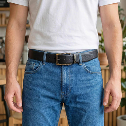 Mens 100% Genuine Leather Belt - LUXORIC Pebble-Grain, TORVIK Gold-Border Gunmetal Pin Buckle (Black & Brown Reversible) — Leather Belts for Men | THE MEN THING