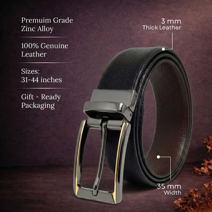 Mens 100% Genuine Leather Belt - LUXORIC Pebble-Grain, TORVIK Gold-Border Gunmetal Pin Buckle (Black & Brown Reversible) — Leather Belts for Men | THE MEN THING