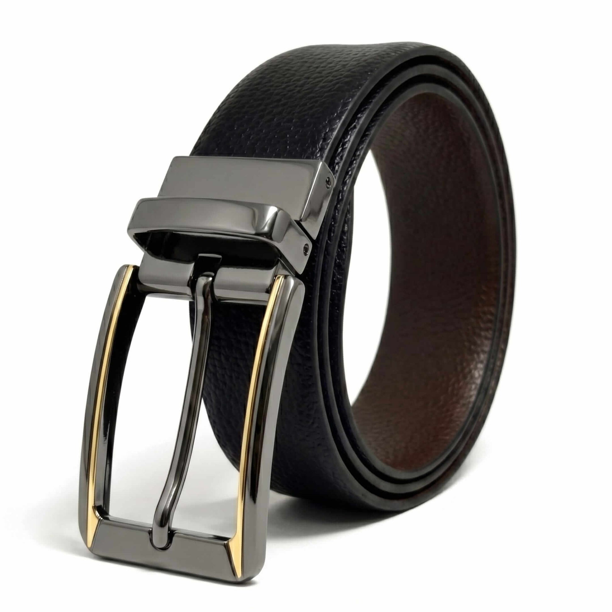 Mens 100% Genuine Leather Belt - LUXORIC Pebble-Grain, TORVIK Gold-Border Gunmetal Pin Buckle (Black & Brown Reversible) — Leather Belts for Men | THE MEN THING