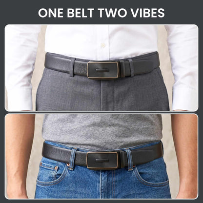 Mens 100% Genuine Leather Belt - LUXORIC Pebble-Grain, SNAPTOR Gold-Bar Auto-Lock Buckle (Black & Brown Reversible) — Leather Belts for Men | THE MEN THING