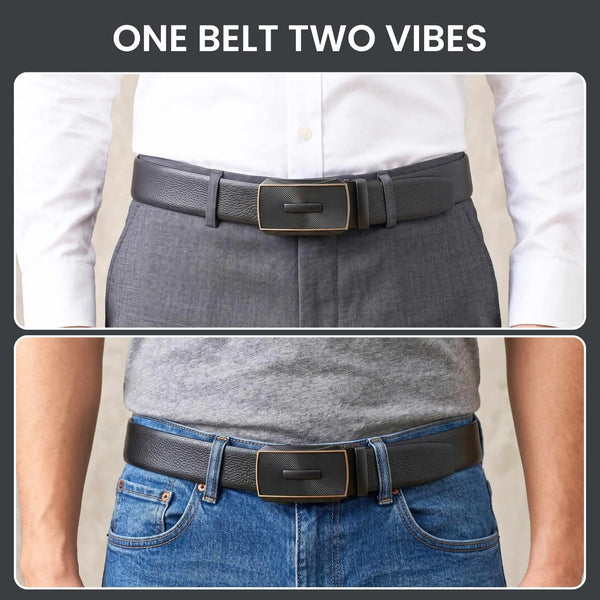 Mens 100% Genuine Leather Belt - LUXORIC Pebble-Grain, SNAPTOR Gold-Bar Auto-Lock Buckle (Black & Brown Reversible)