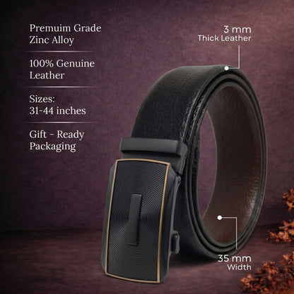 Mens 100% Genuine Leather Belt - LUXORIC Pebble-Grain, SNAPTOR Gold-Bar Auto-Lock Buckle (Black & Brown Reversible) — Leather Belts for Men | THE MEN THING