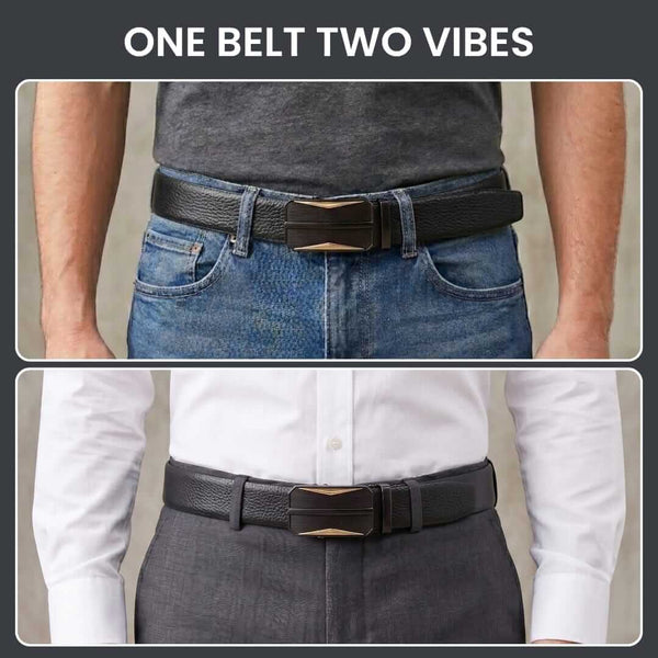 Mens 100% Genuine Leather Belt - LUXORIC Pebble-Grain, RATCHOR Gold-Accent Auto-Lock Buckle (Black & Brown Reversible)