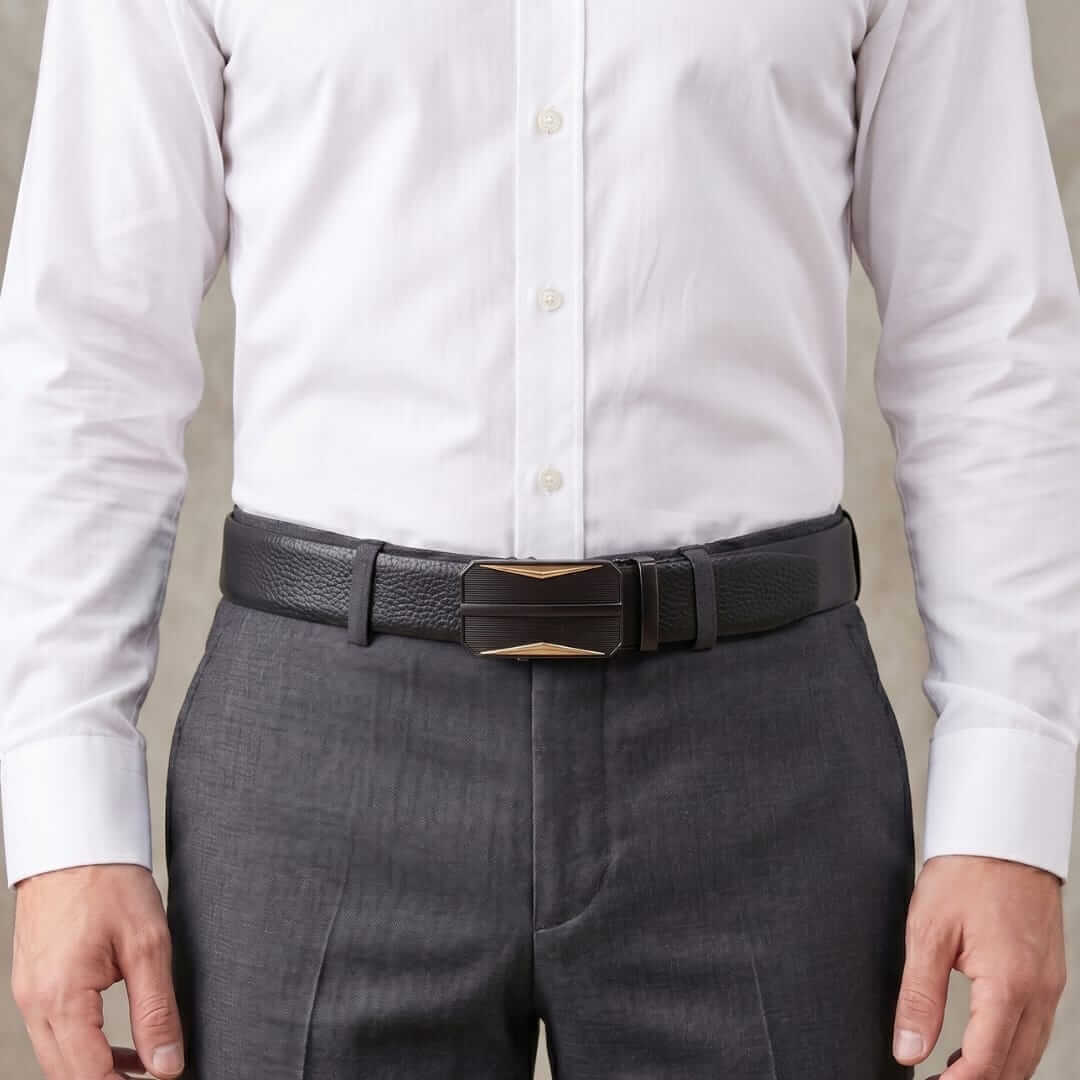 Mens 100% Genuine Leather Belt - LUXORIC Pebble-Grain, RATCHOR Gold-Accent Auto-Lock Buckle (Black & Brown Reversible) — Leather Belts for Men | THE MEN THING