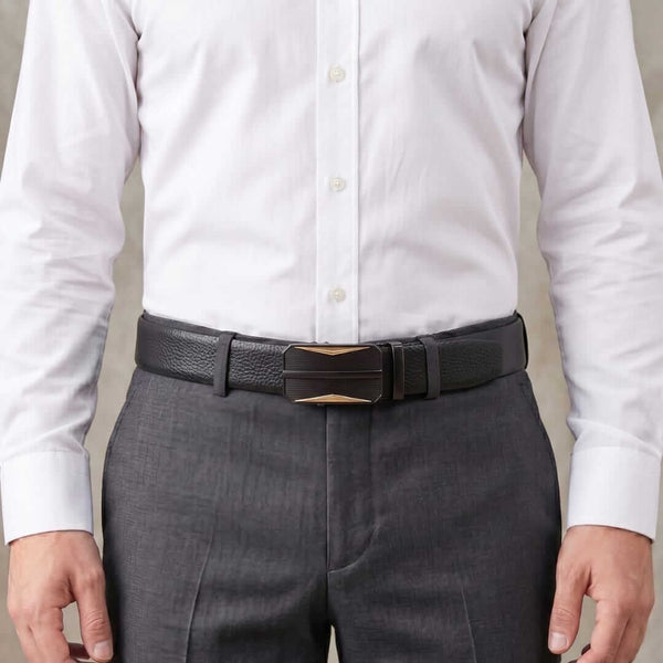 Mens 100% Genuine Leather Belt - LUXORIC Pebble-Grain, RATCHOR Gold-Accent Auto-Lock Buckle (Black & Brown Reversible)