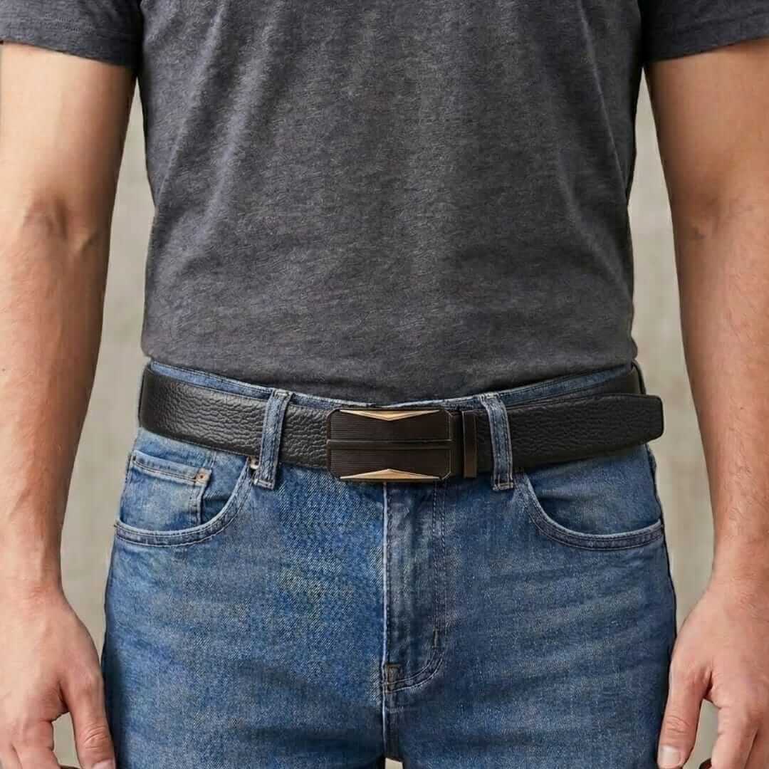 Mens 100% Genuine Leather Belt - LUXORIC Pebble-Grain, RATCHOR Gold-Accent Auto-Lock Buckle (Black & Brown Reversible) — Leather Belts for Men | THE MEN THING