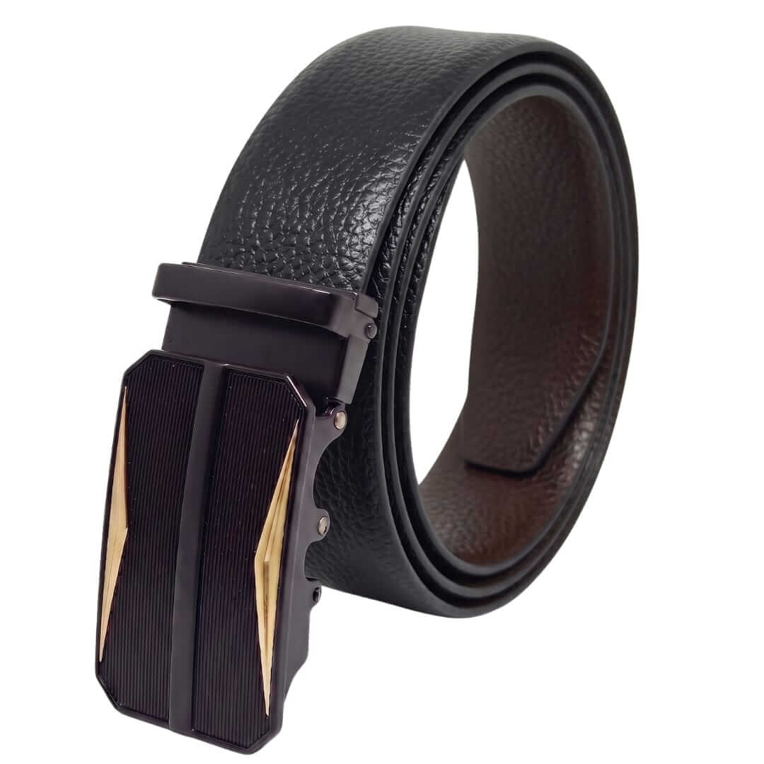 Mens 100% Genuine Leather Belt - LUXORIC Pebble-Grain, RATCHOR Gold-Accent Auto-Lock Buckle (Black & Brown Reversible) — Leather Belts for Men | THE MEN THING