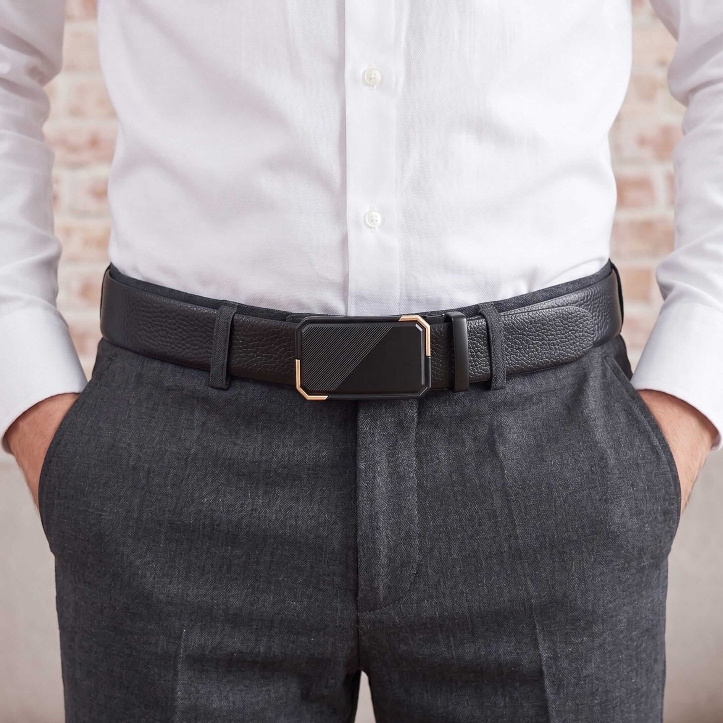 Mens 100% Genuine Leather Belt - LUXORIC Pebble-Grain, BELVARO Gloss Gold-Frame Auto-Lock Buckle (Black & Brown Reversible) — Leather Belts for Men | THE MEN THING