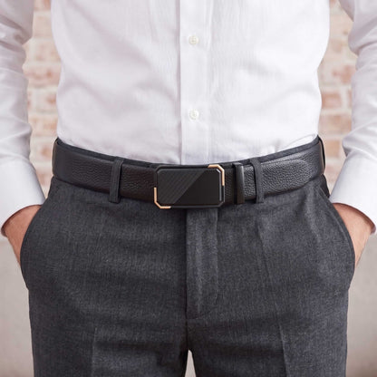 Mens 100% Genuine Leather Belt - LUXORIC Pebble-Grain, BELVARO Gloss Gold-Frame Auto-Lock Buckle (Black & Brown Reversible) — Leather Belts for Men | THE MEN THING