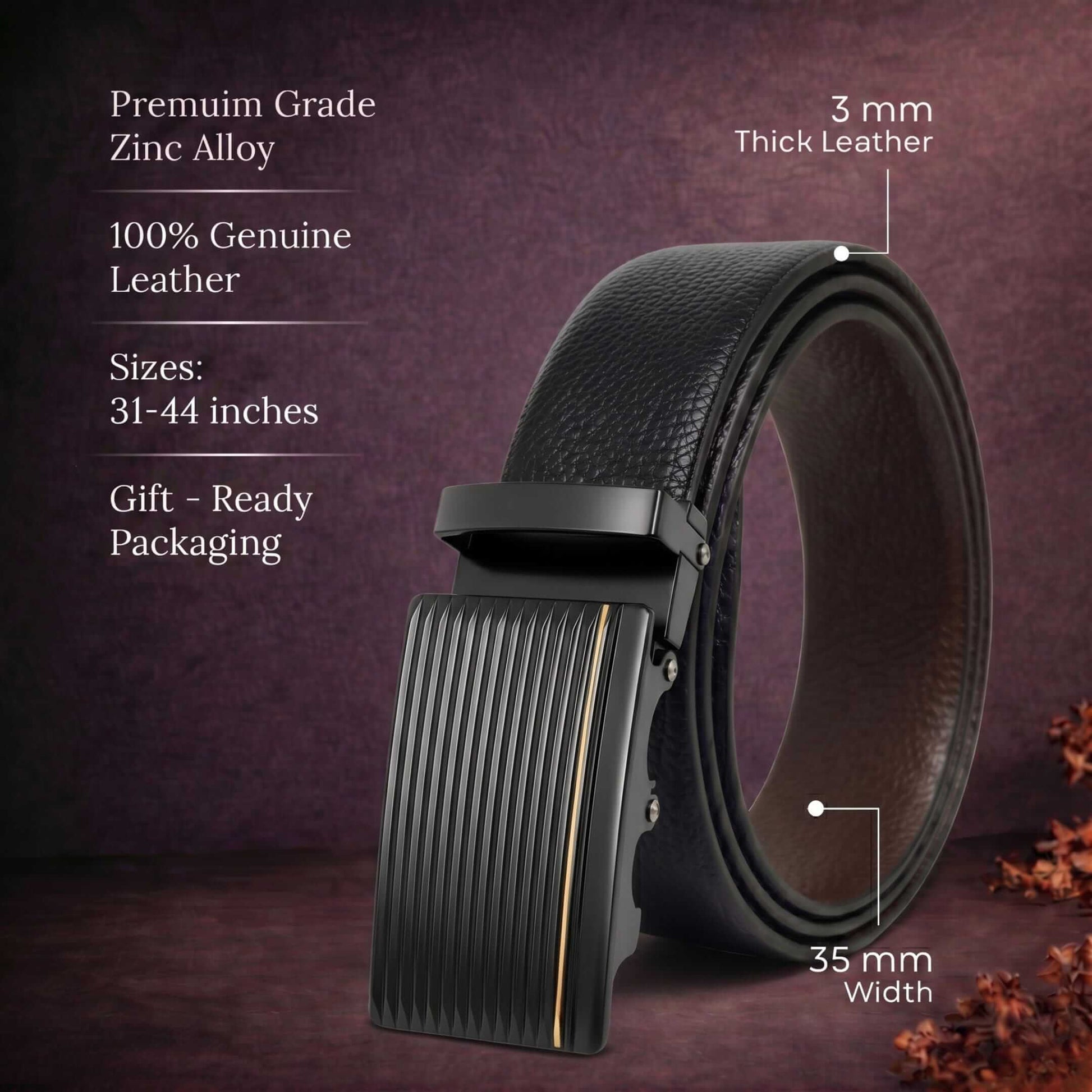 Mens 100% Genuine Leather Belt - LUXORIC Pebble-Grain, DRAKO Ribbed Auto-Lock Buckle (Black & Brown Reversible) — Leather Belts for Men | THE MEN THING