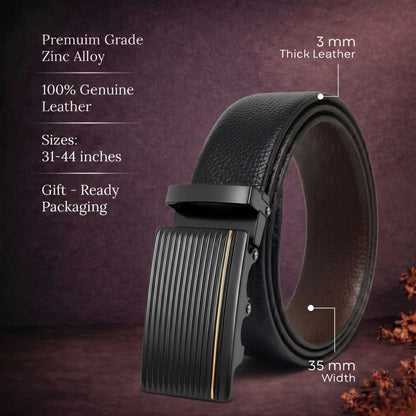 Mens 100% Genuine Leather Belt - LUXORIC Pebble-Grain, DRAKO Ribbed Auto-Lock Buckle (Black & Brown Reversible) — Leather Belts for Men | THE MEN THING