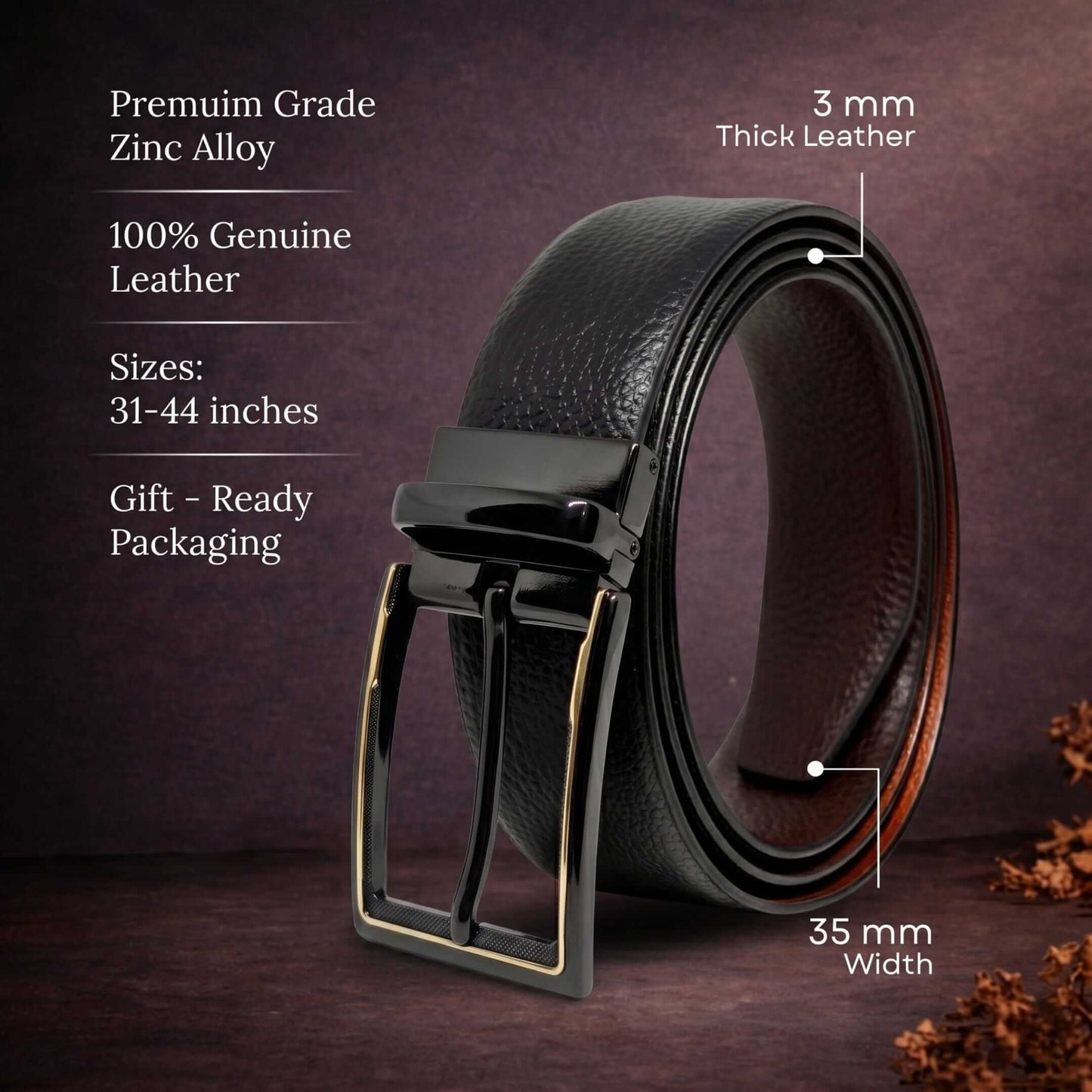 Mens 100% Genuine Leather Belt - LUXORIC Pebble-Grain, CYRON Gold-Edge Gunmetal Pin Buckle (Black & Brown Reversible) — Leather Belts for Men | THE MEN THING