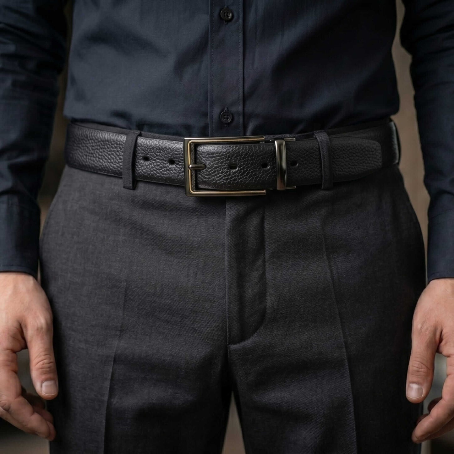 Mens 100% Genuine Leather Belt - LUXORIC Pebble-Grain, CYRON Gold-Edge Gunmetal Pin Buckle (Black & Brown Reversible) — Leather Belts for Men | THE MEN THING