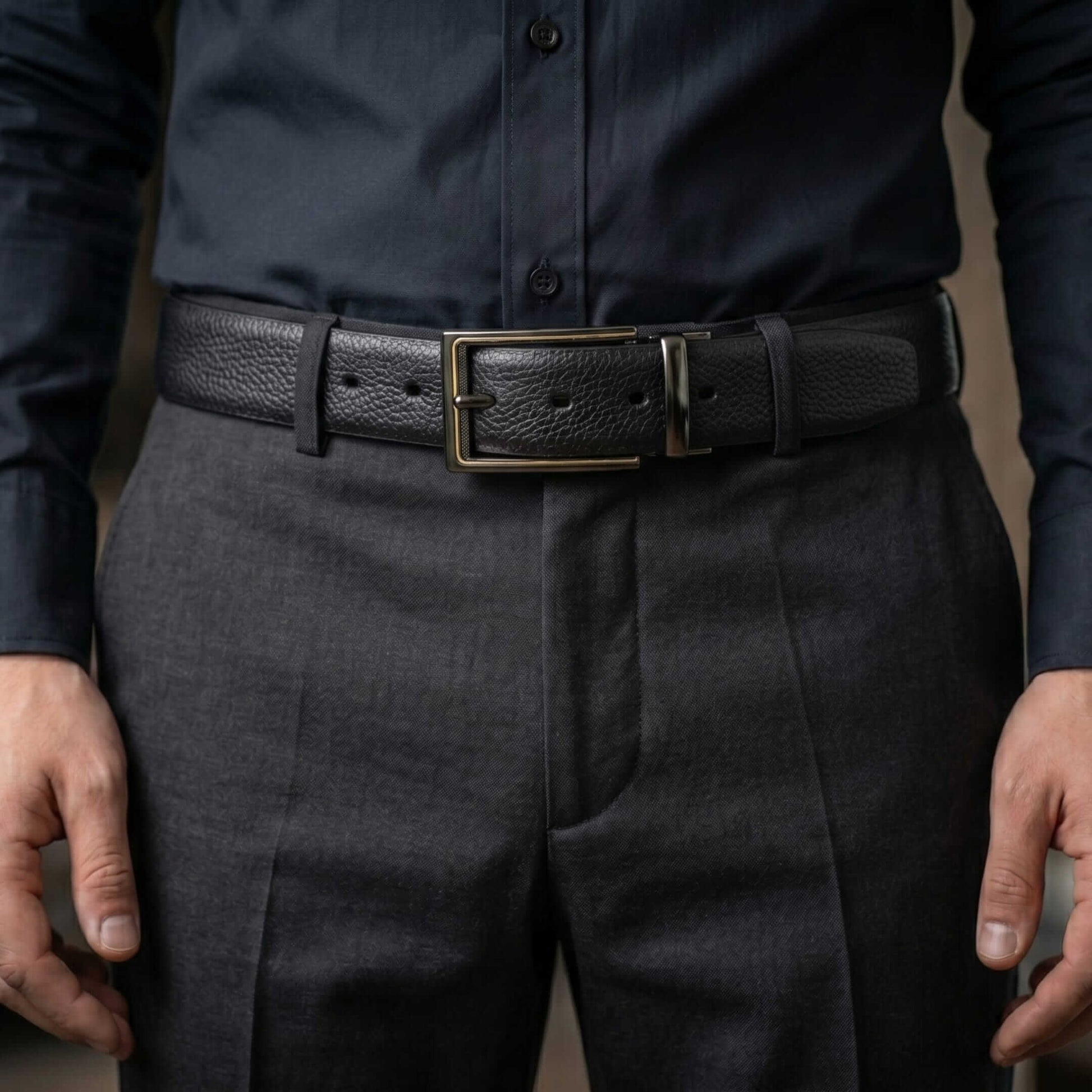 Mens 100% Genuine Leather Belt - LUXORIC Pebble-Grain, CYRON Gold-Edge Gunmetal Pin Buckle (Black & Brown Reversible) — Leather Belts for Men | THE MEN THING