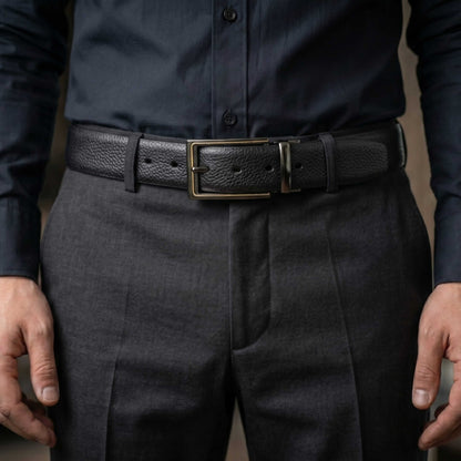 Mens 100% Genuine Leather Belt - LUXORIC Pebble-Grain, CYRON Gold-Edge Gunmetal Pin Buckle (Black & Brown Reversible) — Leather Belts for Men | THE MEN THING