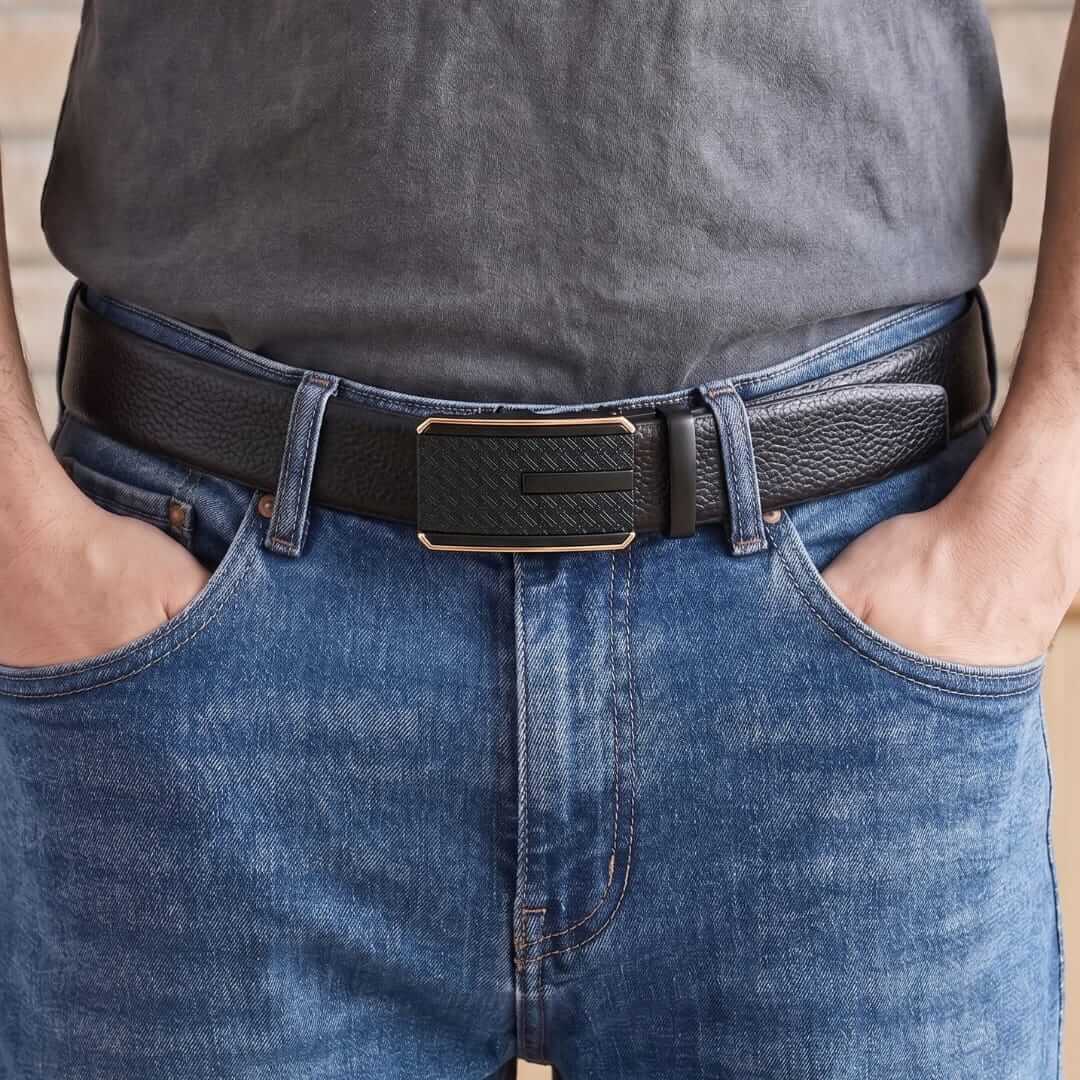 Mens 100% Genuine Leather Belt - LUXORIC Pebble-Grain, KRYPT Basket-Weave Auto-Lock Buckle (Black & Brown Reversible) — Leather Belts for Men | THE MEN THING