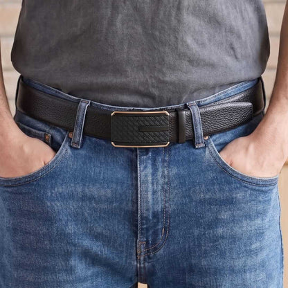 Mens 100% Genuine Leather Belt - LUXORIC Pebble-Grain, KRYPT Basket-Weave Auto-Lock Buckle (Black & Brown Reversible) — Leather Belts for Men | THE MEN THING