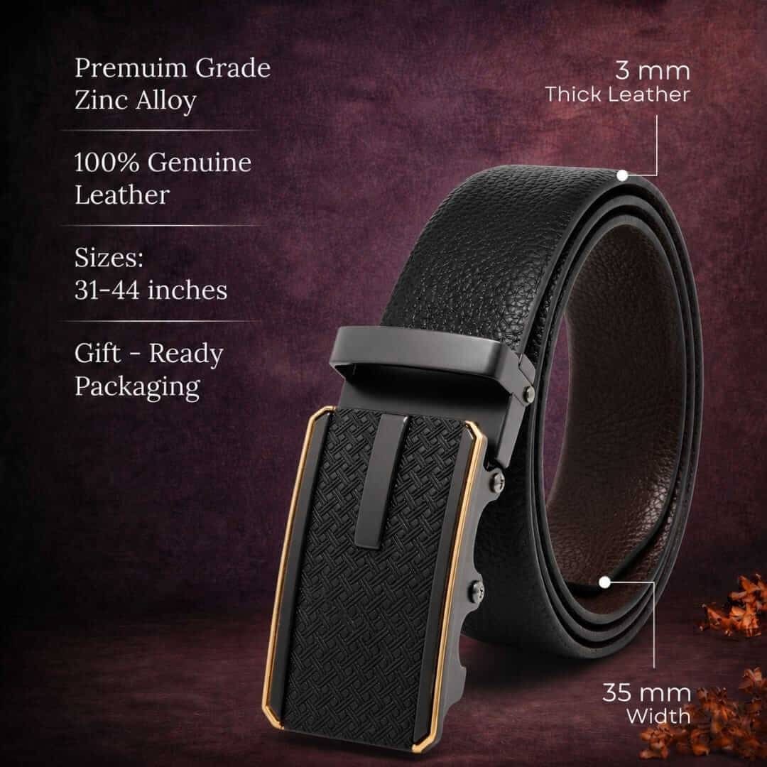 Mens 100% Genuine Leather Belt - LUXORIC Pebble-Grain, KRYPT Basket-Weave Auto-Lock Buckle (Black & Brown Reversible) — Leather Belts for Men | THE MEN THING