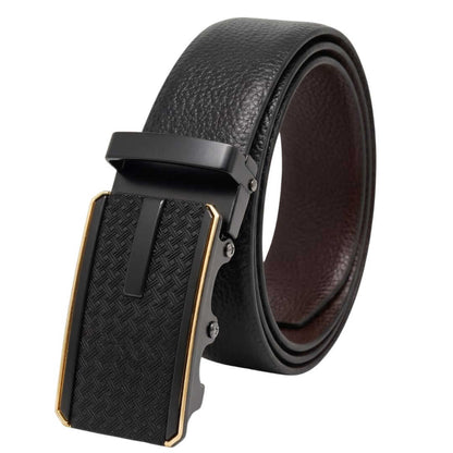 Mens 100% Genuine Leather Belt - LUXORIC Pebble-Grain, KRYPT Basket-Weave Auto-Lock Buckle (Black & Brown Reversible) — Leather Belts for Men | THE MEN THING