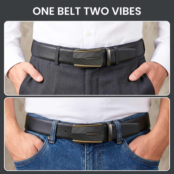 Mens 100% Genuine Leather Belt - LUXORIC Pebble-Grain, REGALIX Textured Auto-Lock Buckle (Black & Brown Reversible)