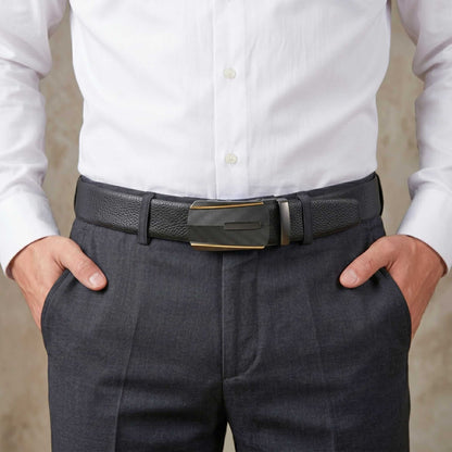 Mens 100% Genuine Leather Belt - LUXORIC Pebble-Grain, REGALIX Textured Auto-Lock Buckle (Black & Brown Reversible) — Leather Belts for Men | THE MEN THING