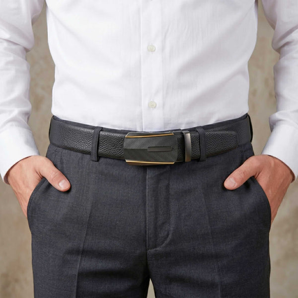 Mens 100% Genuine Leather Belt - LUXORIC Pebble-Grain, REGALIX Textured Auto-Lock Buckle (Black & Brown Reversible)