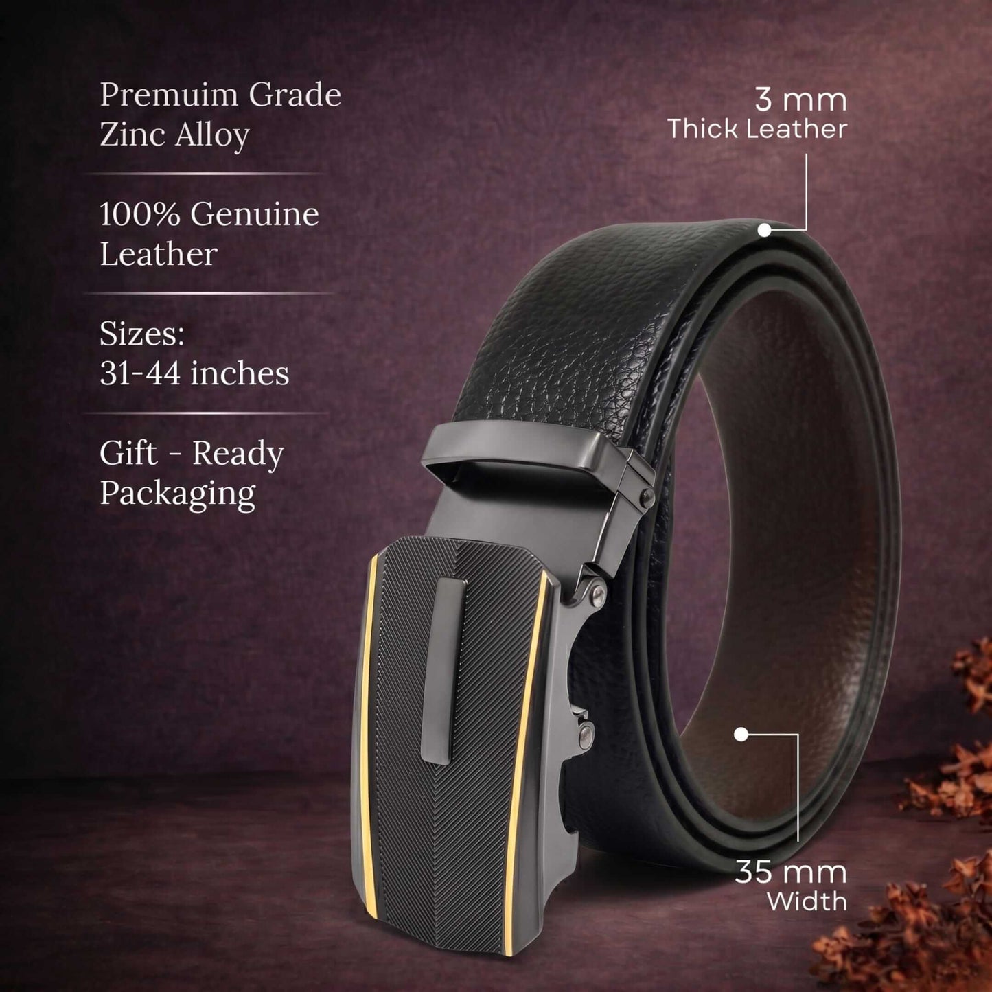 Mens 100% Genuine Leather Belt - LUXORIC Pebble-Grain, REGALIX Textured Auto-Lock Buckle (Black & Brown Reversible) — Leather Belts for Men | THE MEN THING