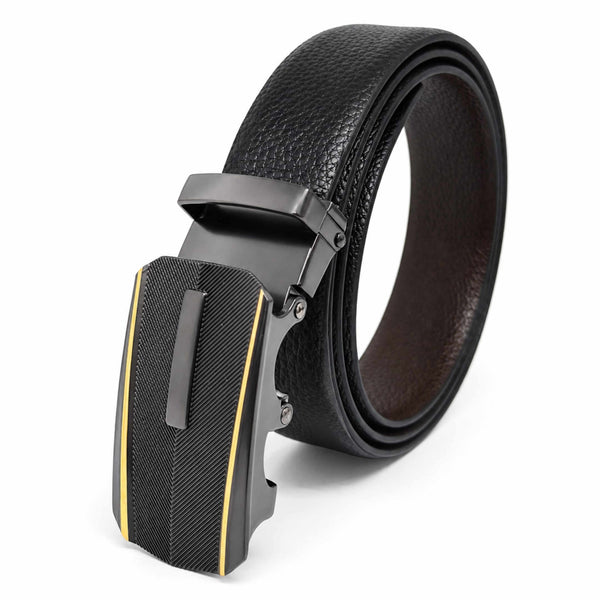 Mens 100% Genuine Leather Belt - LUXORIC Pebble-Grain, REGALIX Textured Auto-Lock Buckle (Black & Brown Reversible)